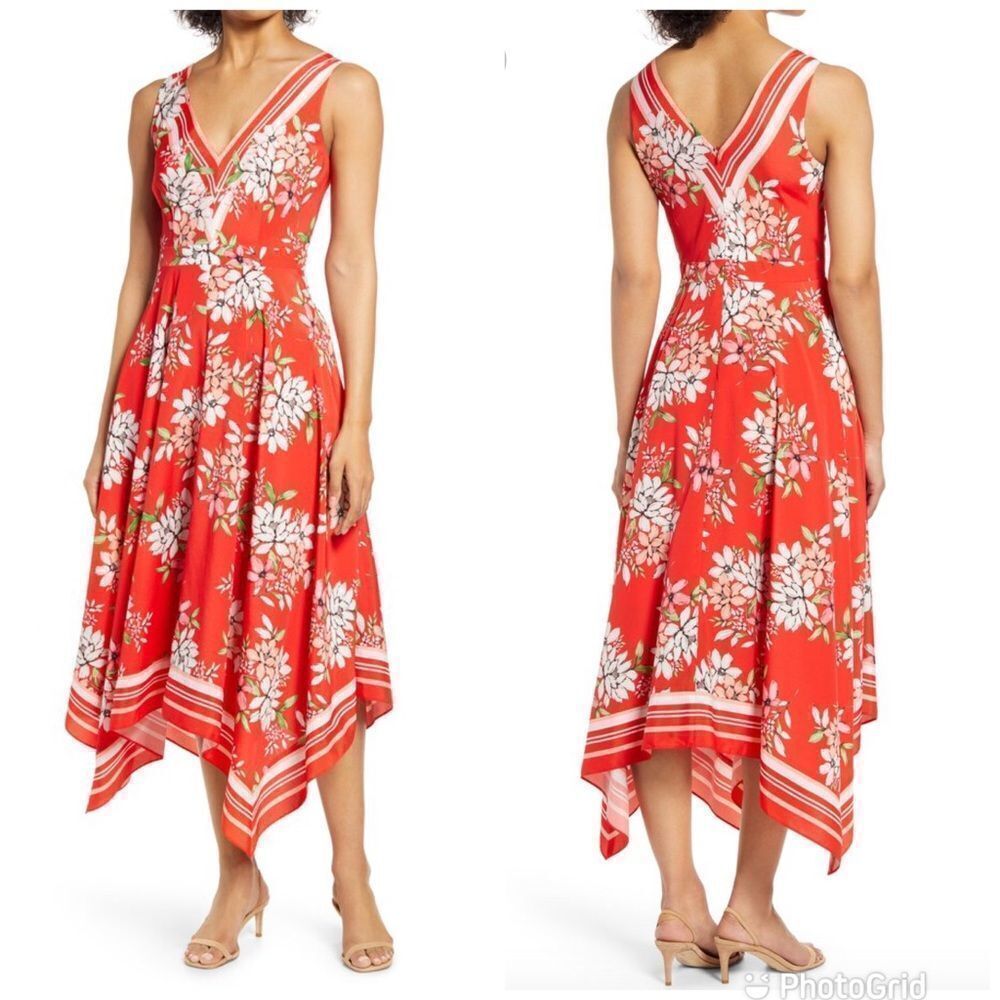 VINCE CAMUTO Red Floral Print Sleeveless Handkerchief‎ Hem Midi Dress Size 4 New